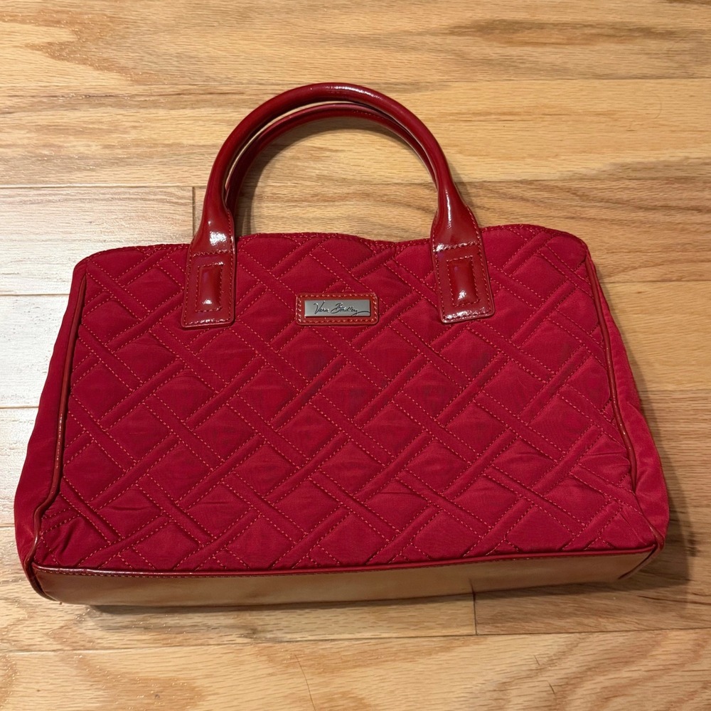 Vera Bradley Red Quilted Satchel Handbag Patent Trim Shoulder Bag Purse Chic